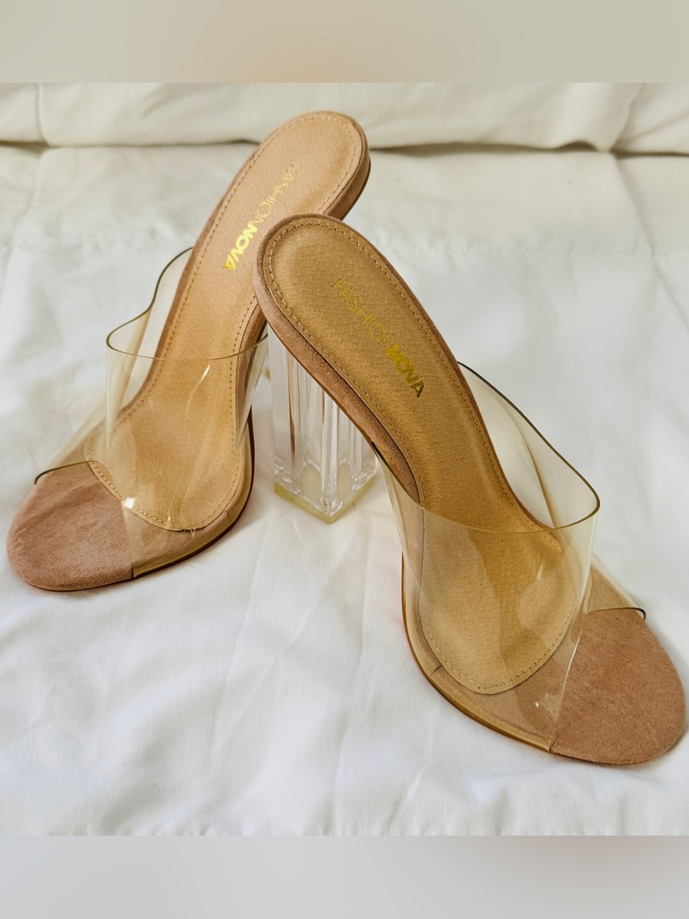 Fashion Nova Tan Clear Strap Block Heel Mules